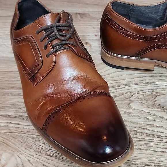 Stacy Adams Mens Dickinson Cap Toe Oxford Shoes Cognac Brown Roynd Toe Size 9W - Picture 1 of 11